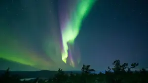 Bright green curtains of the aurora borealis glowing across a clear, dark night sky filled with stars.