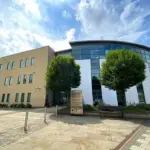 Exterior view of Pathfinder House in Huntingdon, the civic administrative building housing the Huntingdonshire District Council.