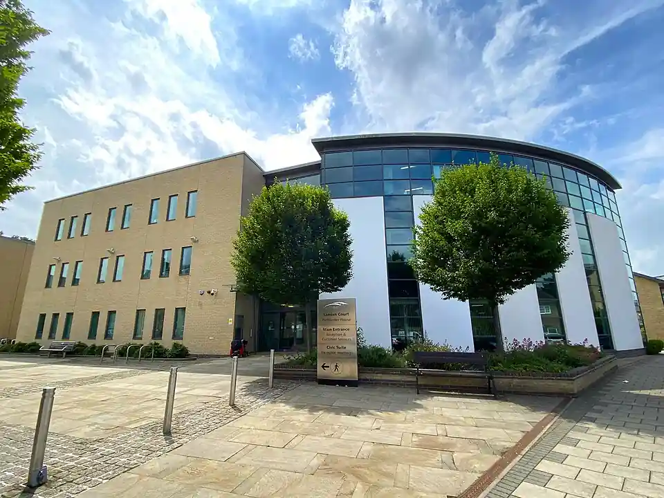 Exterior view of Pathfinder House in Huntingdon, the civic administrative building housing the Huntingdonshire District Council.