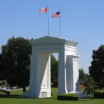 The Peace Arch at the Canada-United States border crossing, representing the international trade relationship and border cooperation