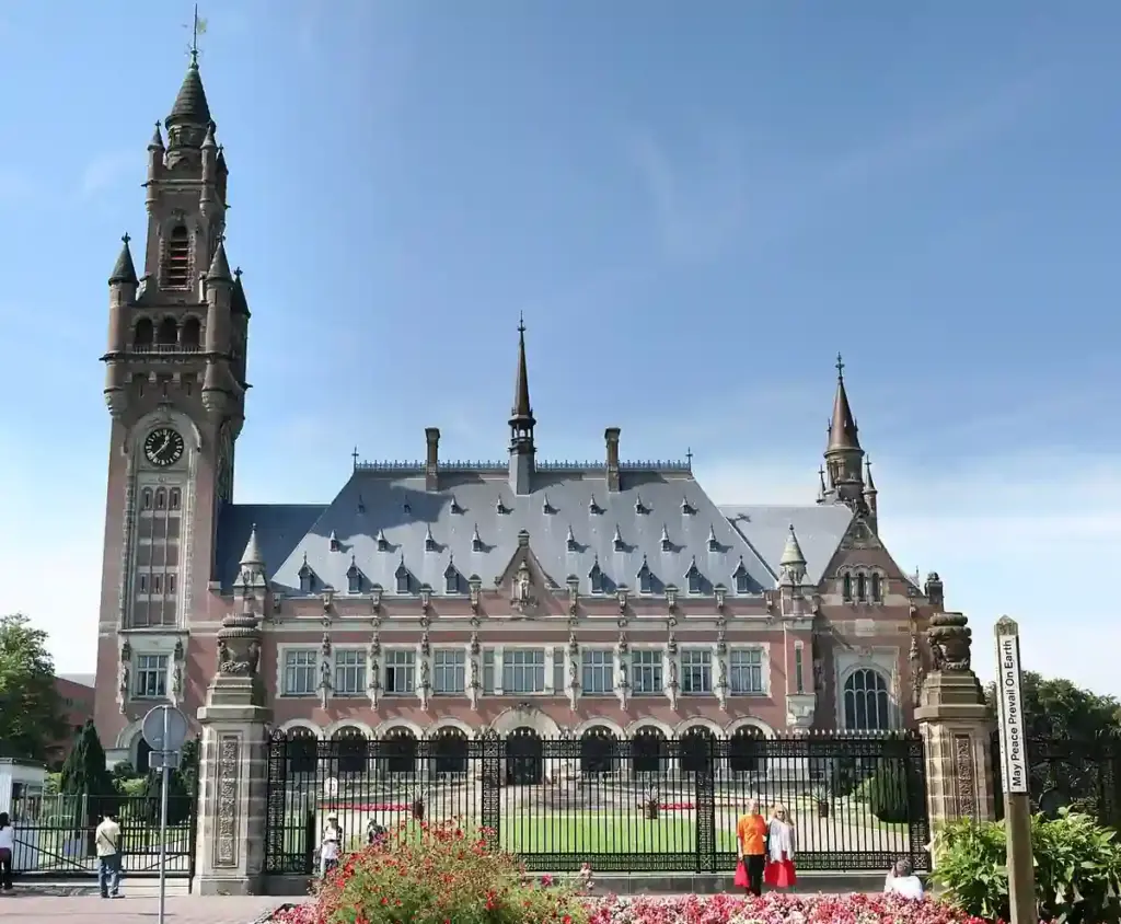 Exterior view of the historic Peace Palace courthouse building in The Hague, Netherlands.