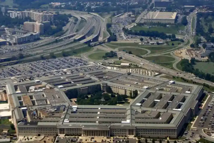 Aerial view of the Pentagon building in Arlington Virginia showing its distinctive five-sided structure