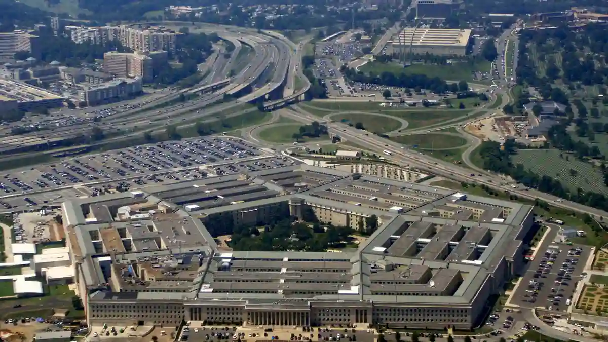 Aerial view of the Pentagon building in Arlington Virginia showing its distinctive five-sided structure