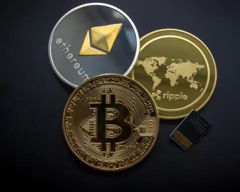 Modern Australian bank building with digital cryptocurrency display