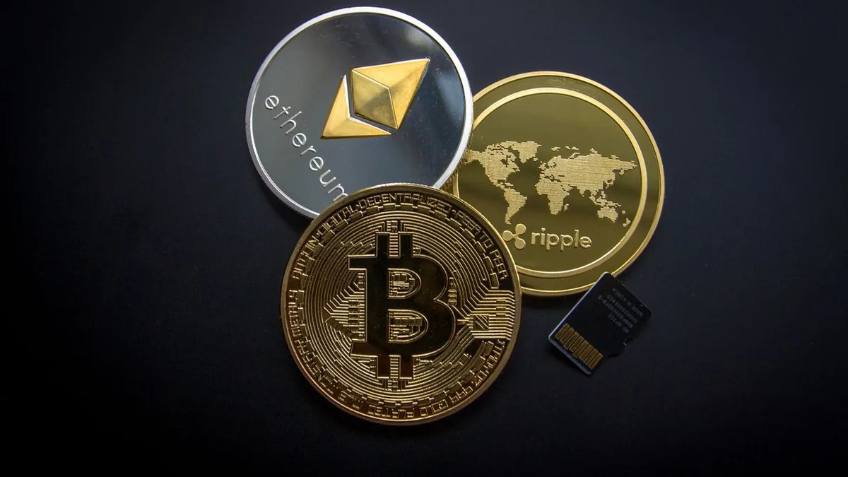 Modern Australian bank building with digital cryptocurrency display