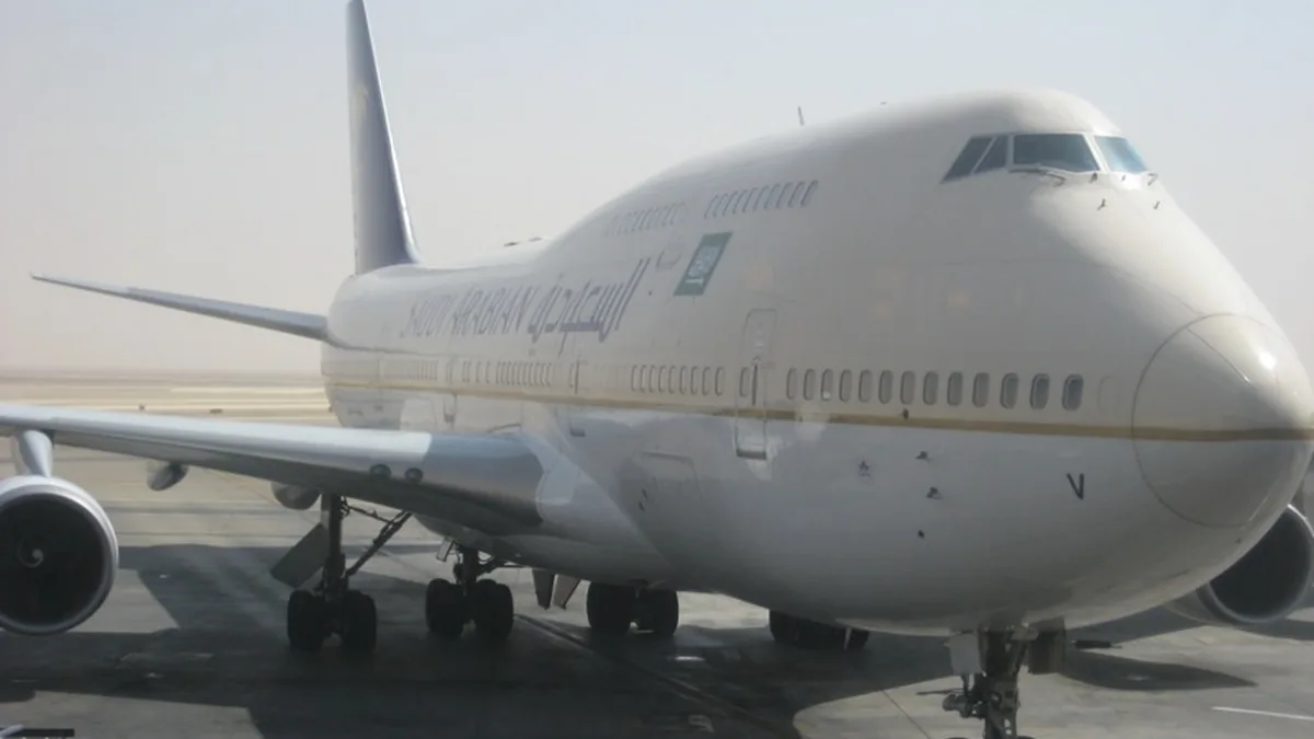 Commercial passenger airliner parked on the transit tarmac at King Khalid International Airport in Riyadh, Saudi Arabia.