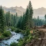 Yellow sign reading BEARLESS AREA and NO MOTORIZED VEHICLES near a muddy logging road in a dense pine forest with mountain backdrop