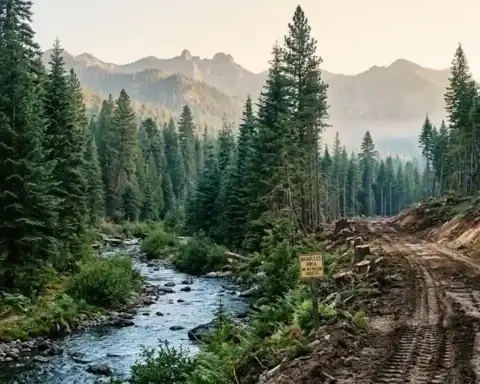 Yellow sign reading BEARLESS AREA and NO MOTORIZED VEHICLES near a muddy logging road in a dense pine forest with mountain backdrop