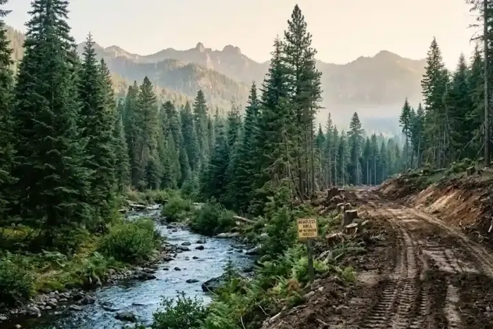 Yellow sign reading BEARLESS AREA and NO MOTORIZED VEHICLES near a muddy logging road in a dense pine forest with mountain backdrop