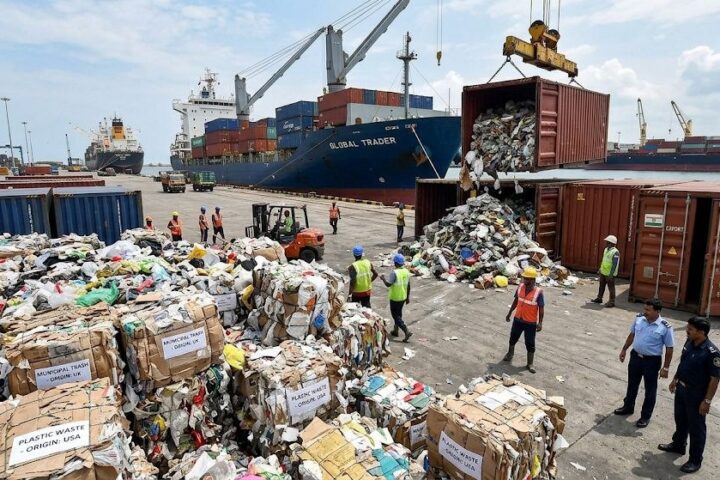Crane lifting container of municipal waste at shipping port