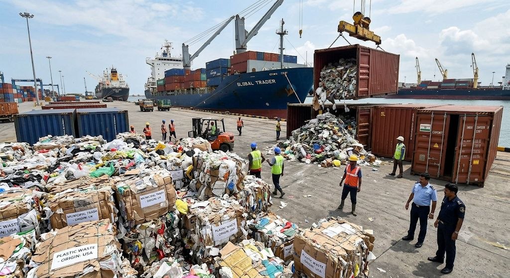 Crane lifting container of municipal waste at shipping port