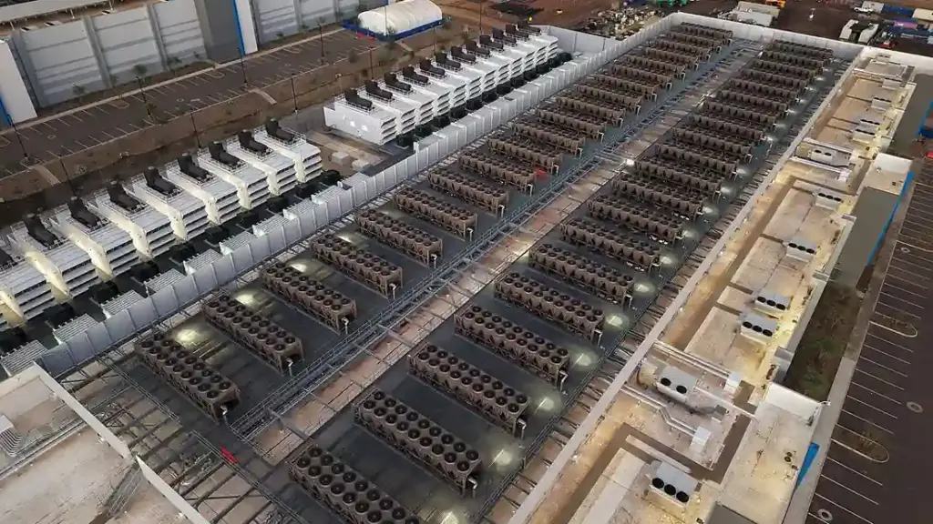 Cooling equipment beside a large data centre building