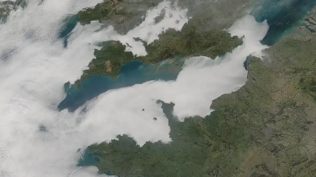 Low cloud cover stretches across the English Channel in a satellite-style atmospheric view.