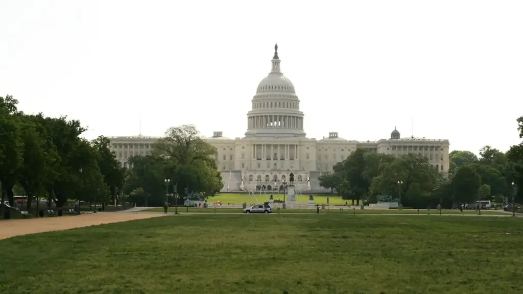 Full architectural photograph of the United States Capitol building under clear daylight, displaying the central dome and legislative wings.
