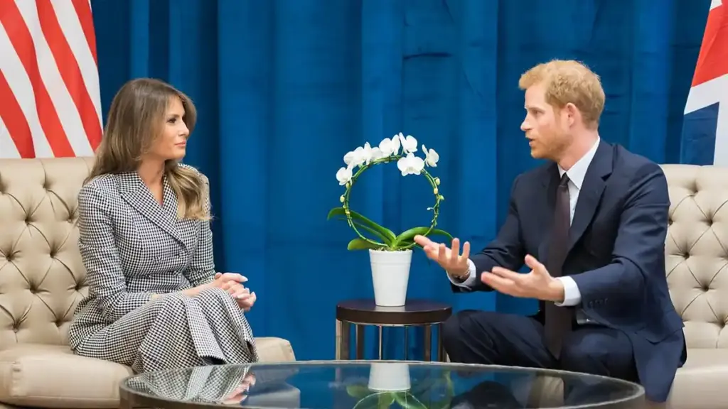 Prince Harry speaks during a formal seated meeting with US and UK flags in the background.
