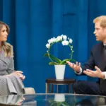 Prince Harry speaks during a formal seated meeting with US and UK flags in the background.
