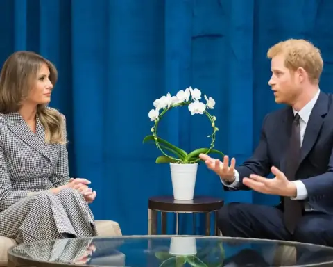 Prince Harry speaks during a formal seated meeting with US and UK flags in the background.