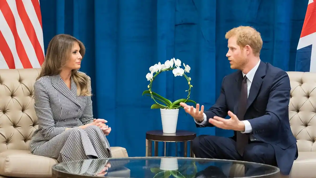 Prince Harry speaks during a formal seated meeting with US and UK flags in the background.