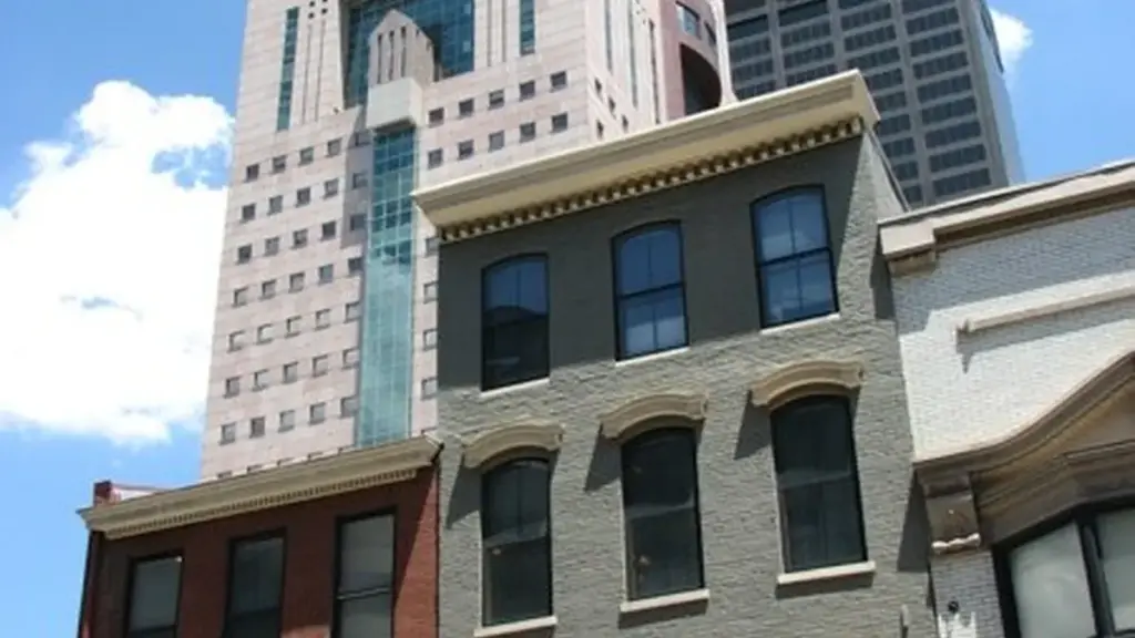 Exterior street perspective of the Michael Graves-designed Humana Building corporate headquarters in downtown Louisville, Kentucky.