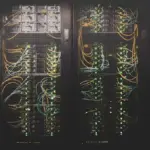 Rows of illuminated black enterprise computing server racks line a server room with blue and white indicator lights.