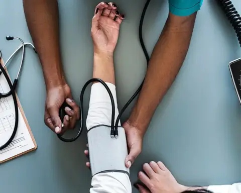 Blood pressure monitoring gauge and inflatable arm cuff resting on a wooden examination table in a clinical setting.