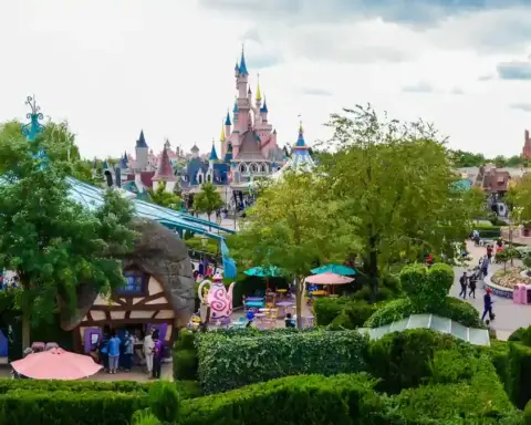 Wide view of Disneyland Paris attractions and landscaped grounds