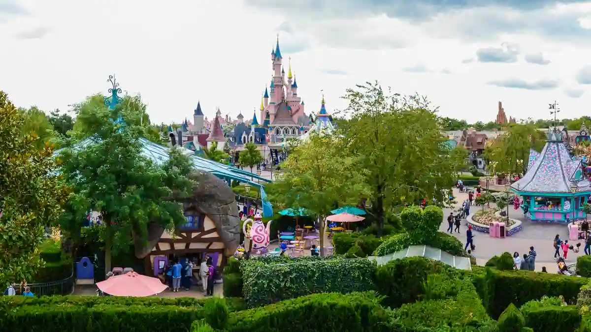Wide view of Disneyland Paris attractions and landscaped grounds