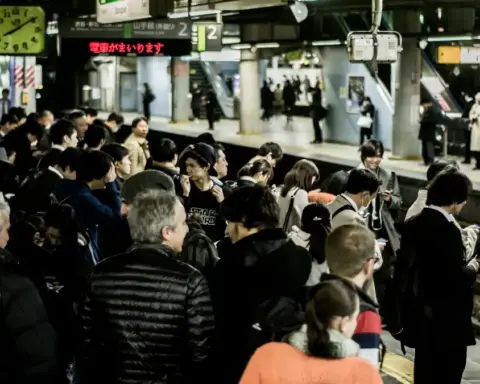 Commuters walking through an interior transit concourse of Shinjuku Station in Tokyo
