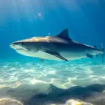 A great white shark surfaces in open ocean water with its pointed snout, mouth, and dorsal fin visible above the wake.