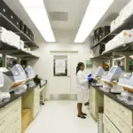 Laboratory technician preparing oncology samples in a clinical trial facility evaluating androgen receptor inhibitors