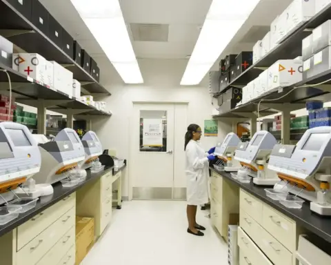 Laboratory technician preparing oncology samples in a clinical trial facility evaluating androgen receptor inhibitors
