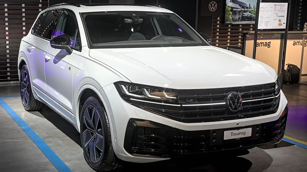 A modern Volkswagen SUV photographed at an auto show.