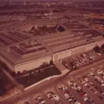 Aerial photograph of the five-sided Pentagon building complex and courtyard in Arlington, Virginia.
