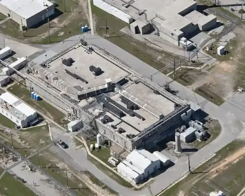 Aerial photograph of industrial buildings and wooded grounds at the Savannah River Site nuclear complex in South Carolina.