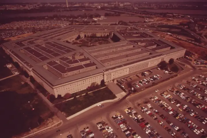 Aerial photograph of the five-sided Pentagon building complex and courtyard in Arlington, Virginia.