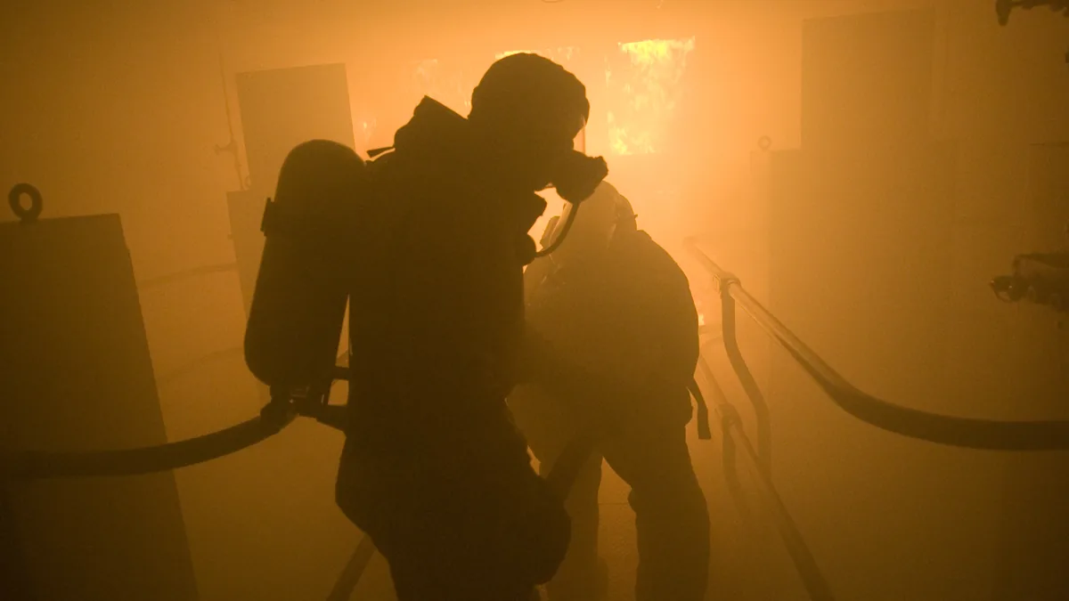 Sailors in protective gear spray aqueous film-forming foam during a firefighting training exercise