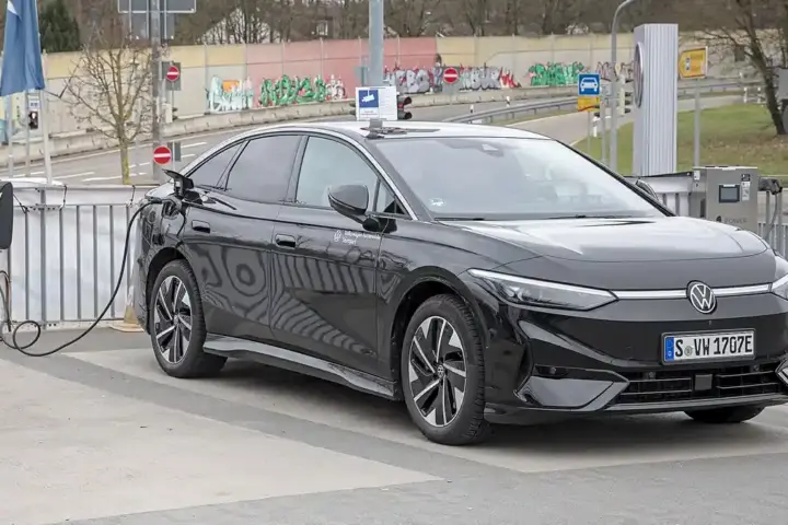 A Volkswagen ID.7 electric sedan photographed from the side.