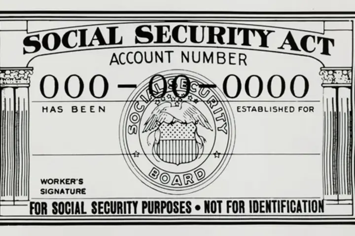 Historic U.S. Social Security card photographed for the federal Social Security programme