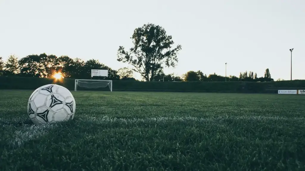 A black-and-white football resting on a grass field before play.