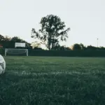 A black-and-white football resting on a grass field before play.