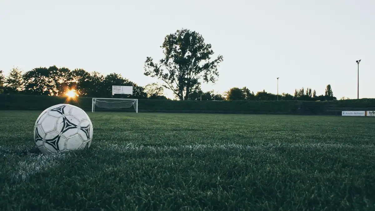 A black-and-white football resting on a grass field before play.