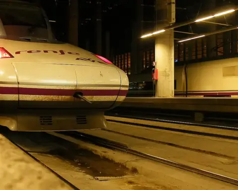 Renfe high-speed passenger train beside a boarding platform at Madrid Puerta de Atocha railway station in Spain.