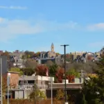 Cornell University campus viewed from the Ithaca Farmers Market in Ithaca, New York