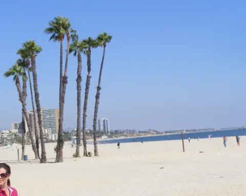 Coastal ocean waters, sandy beach, and urban boardwalk fortifications along the Long Beach shoreline in Southern California.