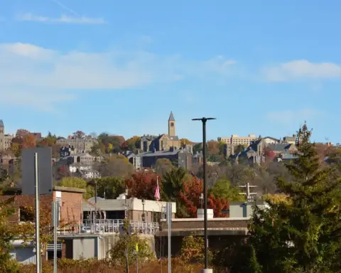 Cornell University campus viewed from the Ithaca Farmers Market in Ithaca, New York
