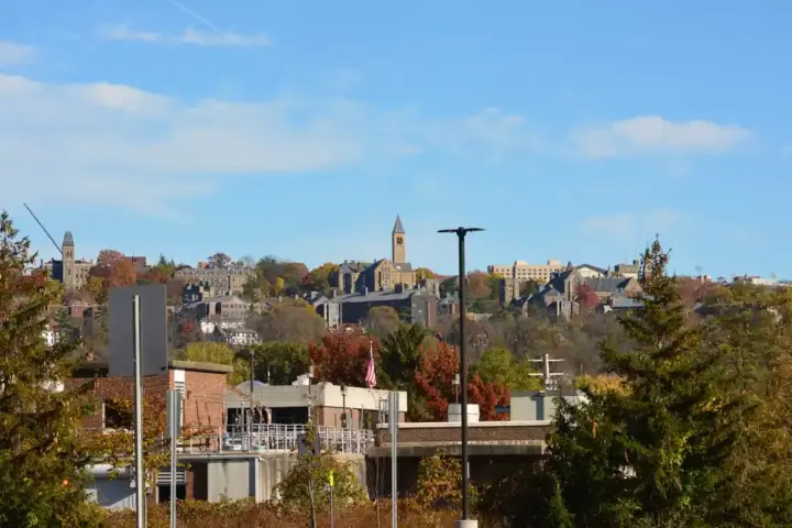 Cornell University campus viewed from the Ithaca Farmers Market in Ithaca, New York