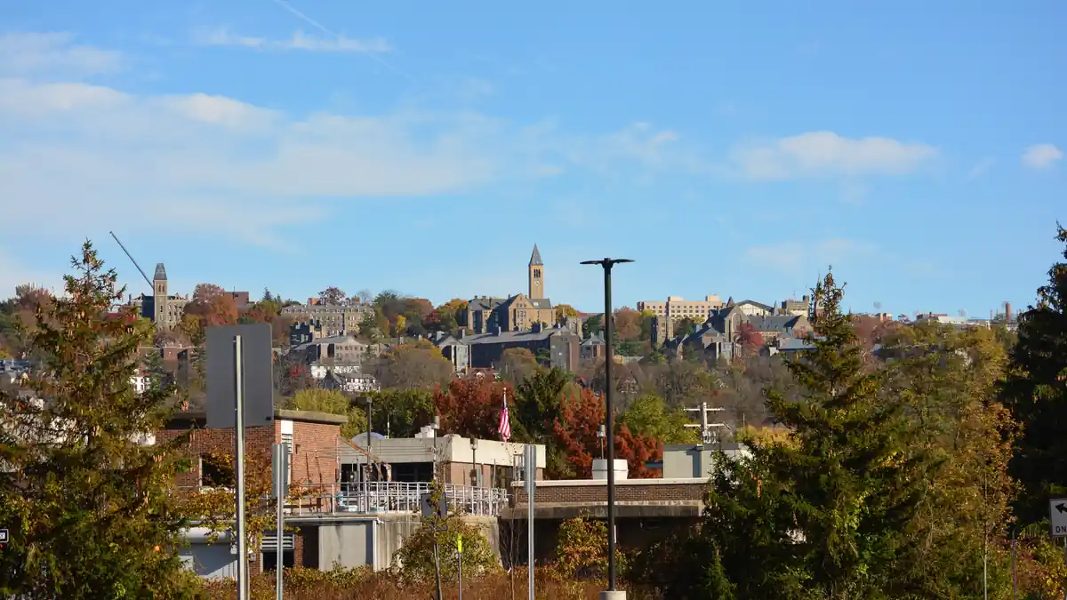 Cornell University campus viewed from the Ithaca Farmers Market in Ithaca, New York