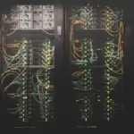 Rows of illuminated server racks in a data center