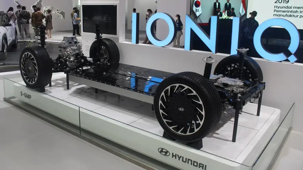 An electric vehicle platform displayed as an exhibit.