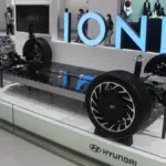 An electric vehicle platform displayed as an exhibit.